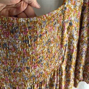 SO Gold and Pink Multi Color Puff Sleeve Smocked Midi Floral Sundress